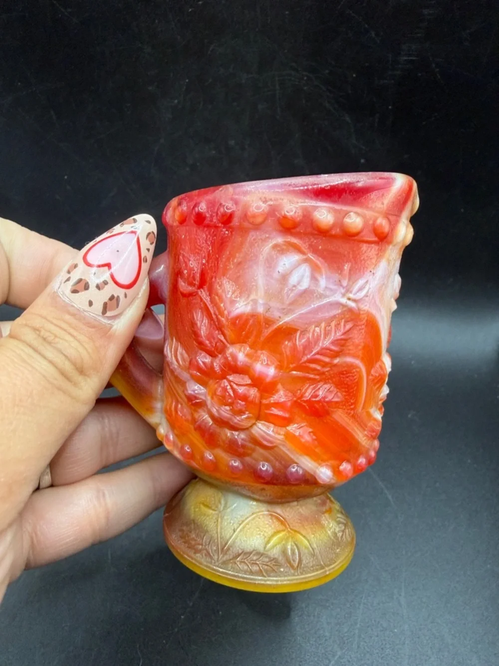 Vintage Marbled Slag Glass Creamer Floral Motif Mini Pitcher Jug Vessel Decor